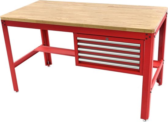 155 cm Professionele Werkbank met 5 Laden en Houten Werkblad, ROOD