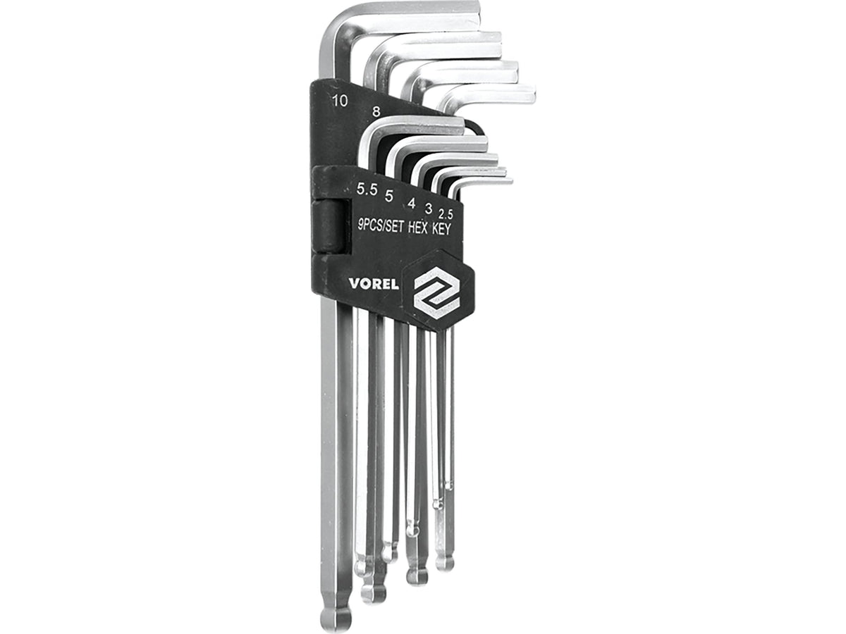 ZESKANTIGE SLEUTELS /HEX/ 2,5-10 MM, KOGELUITeinden, CR-V, SET VAN 9 STUKS.