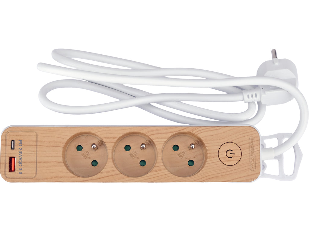 Power Strip USB Wood With Ground 3S 1.4M