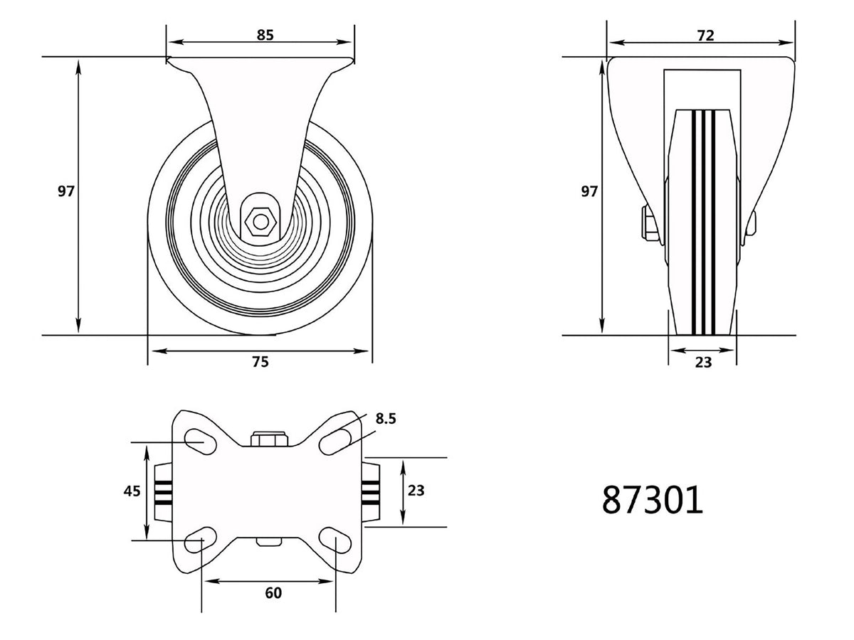 Vast Wiel Met Zwart Rubber 75MM
