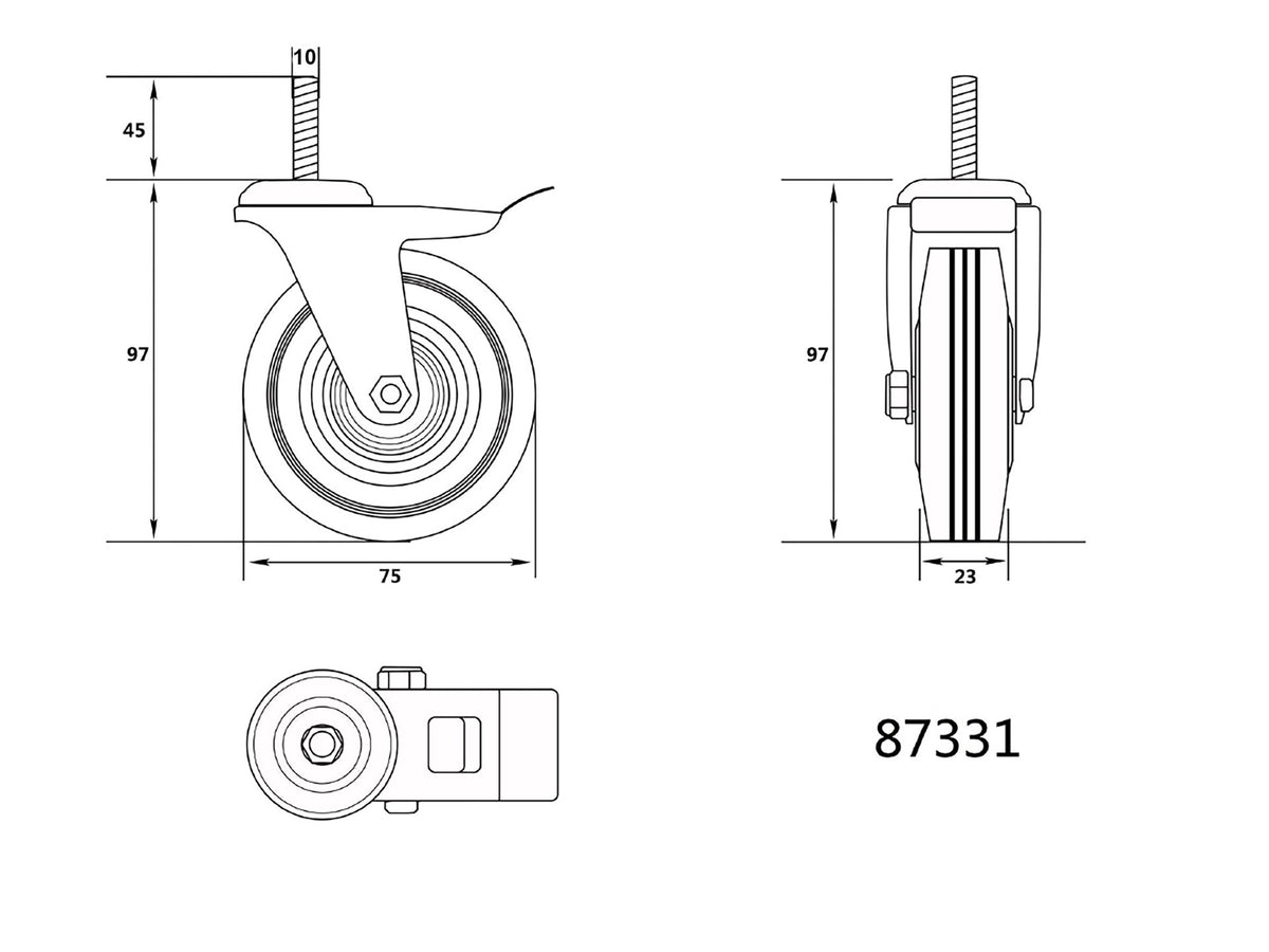 Stuurwiel 75MM Met Zwart Rubber, Rem En Schroefstang, Lager Gemonteerd