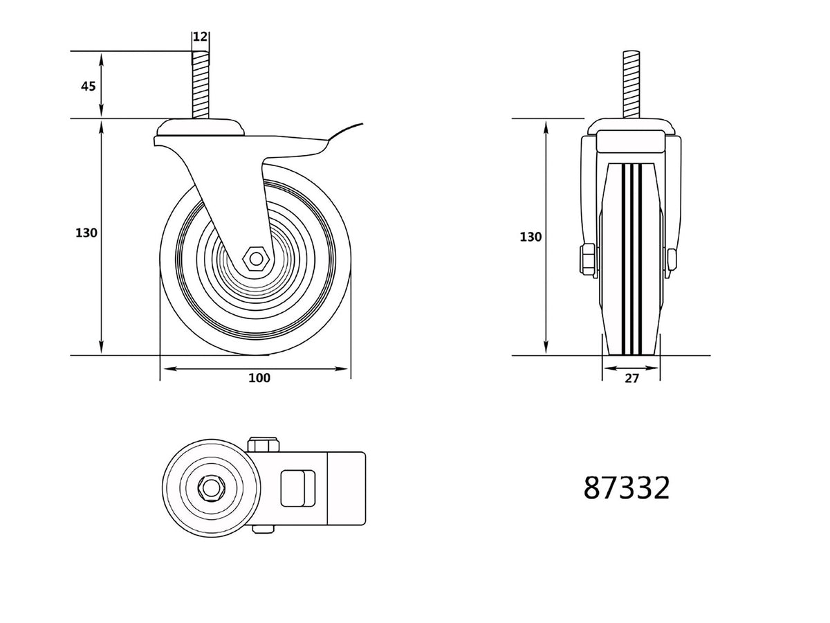 Stuurwiel 100MM Met Zwart Rubber, Rem En Schroefstang, Met Lagers